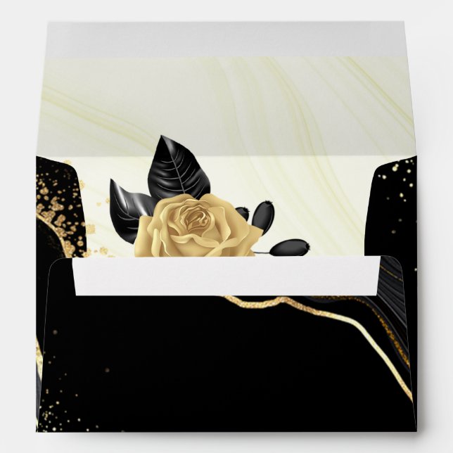 gold flower &black leaves marble wedding envelope (Back (Bottom))