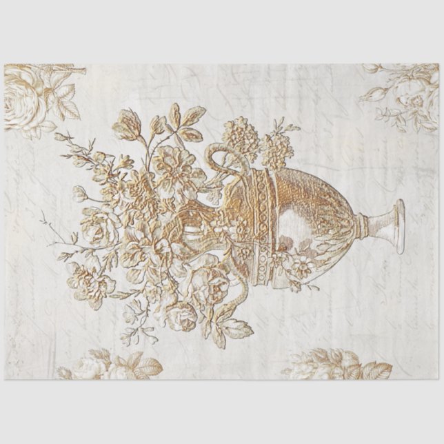 Gold Flower Bouquet Vintage Script Decoupage Tissue Paper (Front)