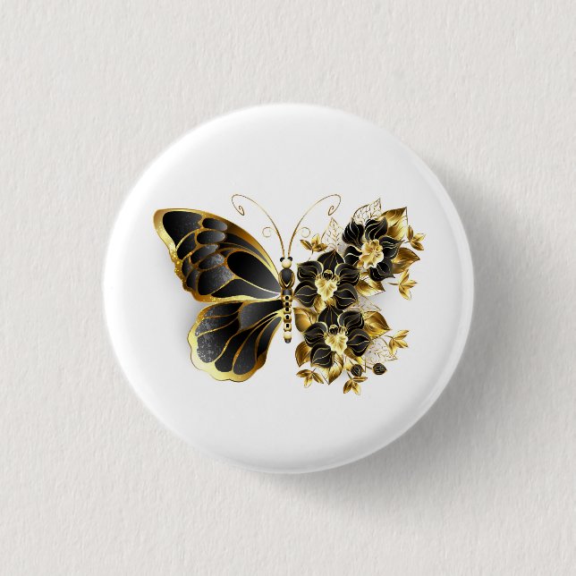 Gold Flower Butterfly with Black Orchid 3 Cm Round Badge (Front)