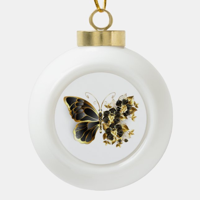 Gold Flower Butterfly with Black Orchid Ceramic Ball Christmas Ornament (Front)