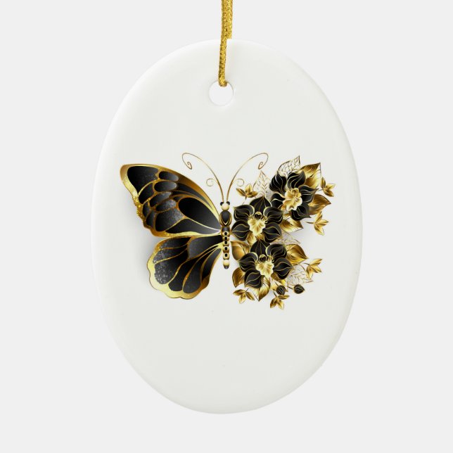 Gold Flower Butterfly with Black Orchid Ceramic Tree Decoration (Front)