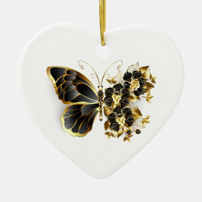 Gold Flower Butterfly with Black Orchid Ceramic Tree Decoration (Front)