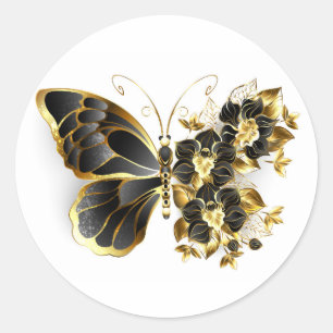 Gold Flower Butterfly with Black Orchid Classic Round Sticker