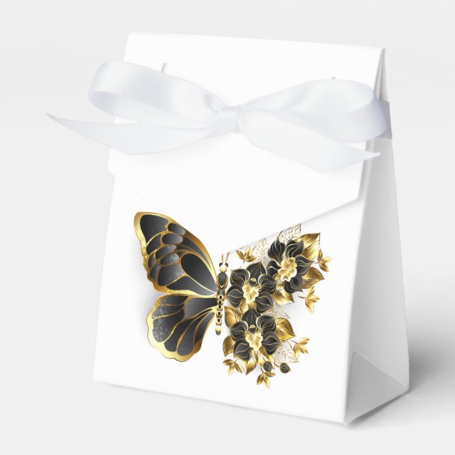 Gold Flower Butterfly with Black Orchid Favour Box (Front Side)