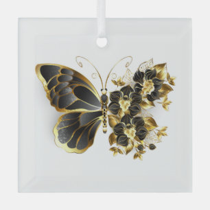 Gold Flower Butterfly with Black Orchid Glass Tree Decoration