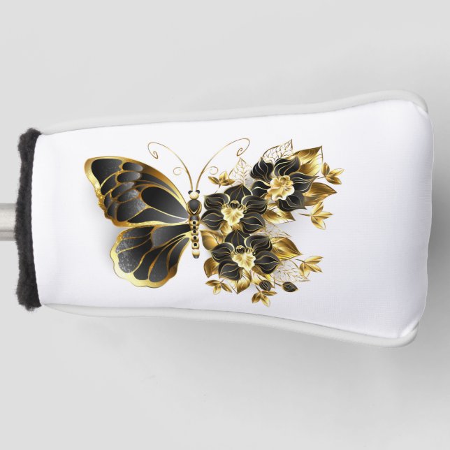 Gold Flower Butterfly with Black Orchid Golf Head Cover (Front)