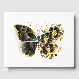 Gold Flower Butterfly with Black Orchid Guest Book