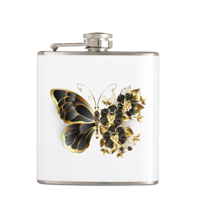Gold Flower Butterfly with Black Orchid Hip Flask (Front)