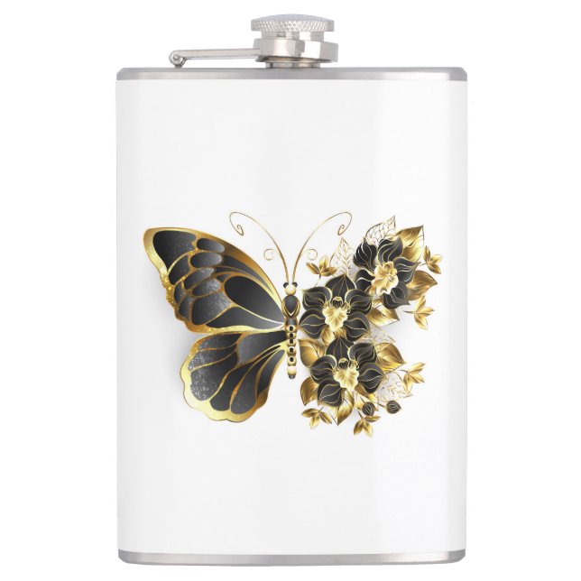 Gold Flower Butterfly with Black Orchid Hip Flask (Front)