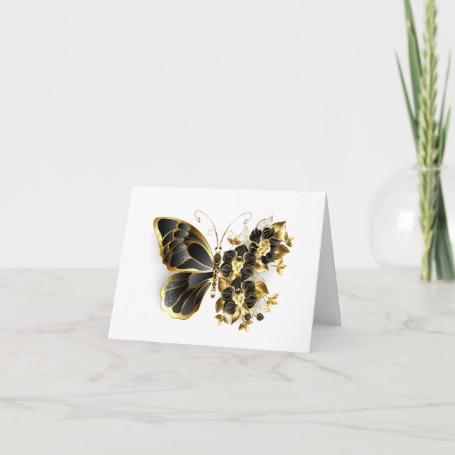 Gold Flower Butterfly with Black Orchid Invitation (Front)