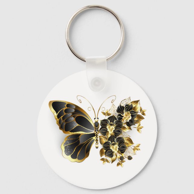 Gold Flower Butterfly with Black Orchid Key Ring (Front)