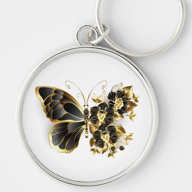 Gold Flower Butterfly with Black Orchid Key Ring (Front)
