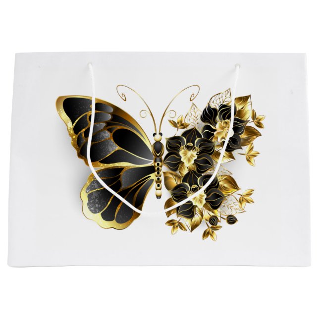 Gold Flower Butterfly with Black Orchid Large Gift Bag (Front)