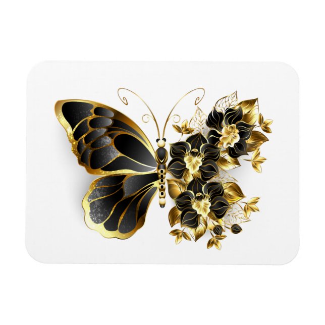 Gold Flower Butterfly with Black Orchid Magnet (Horizontal)