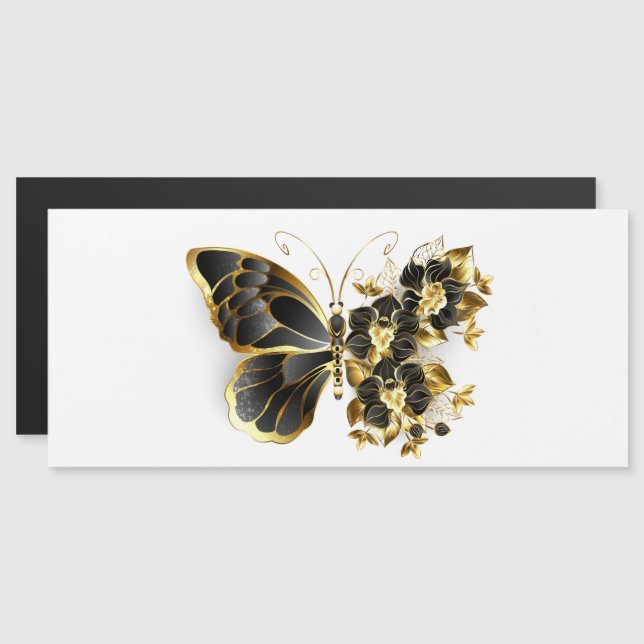 Gold Flower Butterfly with Black Orchid Magnetic Invitation (Front/Back)