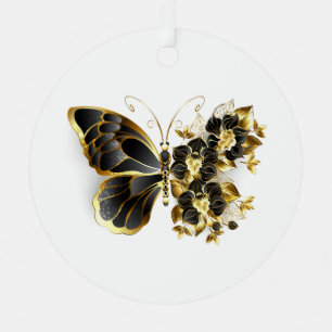 Gold Flower Butterfly with Black Orchid Metal Tree Decoration