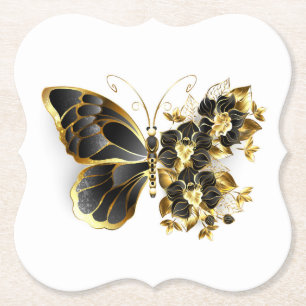 Gold Flower Butterfly with Black Orchid Paper Coaster