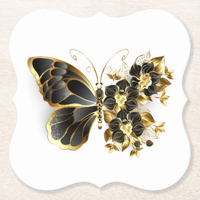 Gold Flower Butterfly with Black Orchid Paper Coaster (Front)