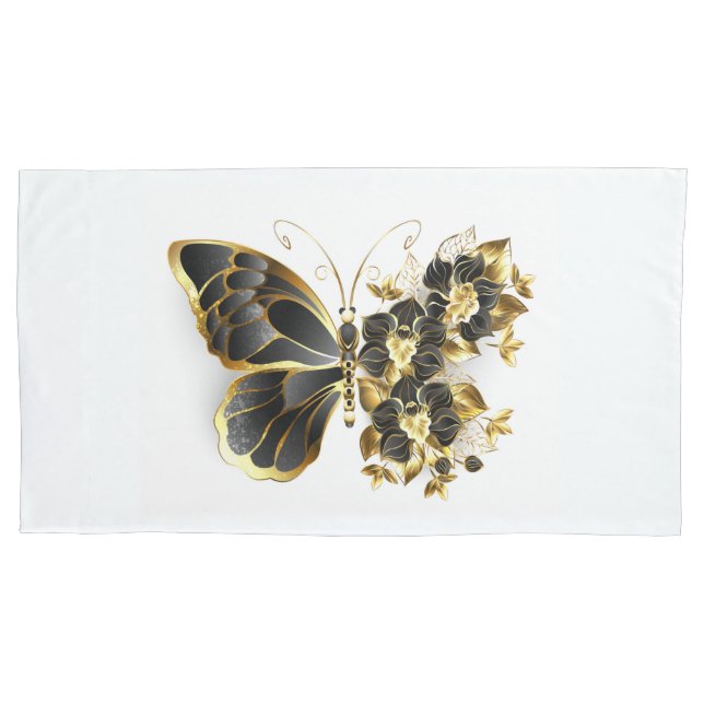 Gold Flower Butterfly with Black Orchid Pillowcase (Front-Left)