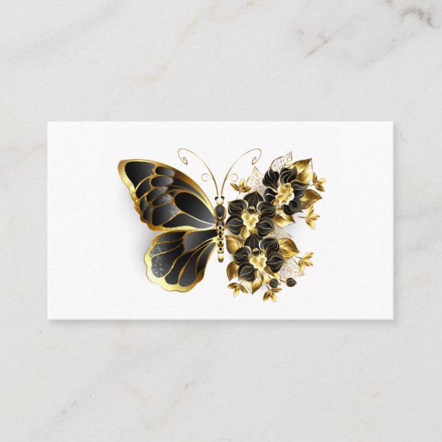 Gold Flower Butterfly with Black Orchid Place Card (Front)