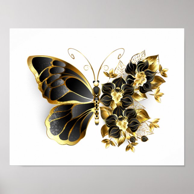 Gold Flower Butterfly with Black Orchid Poster (Front)