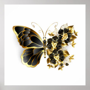 Gold Flower Butterfly with Black Orchid Poster