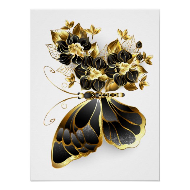 Gold Flower Butterfly with Black Orchid Poster (Front)