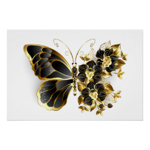 Gold Flower Butterfly with Black Orchid Poster