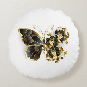Gold Flower Butterfly with Black Orchid Round Cushion