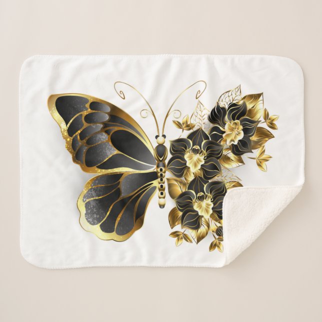 Gold Flower Butterfly with Black Orchid Sherpa Blanket (Front (Horizontal))