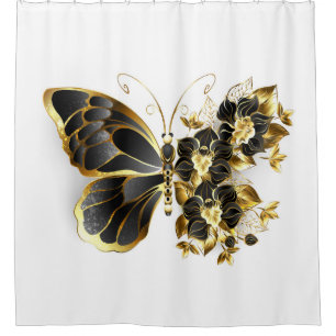 Gold Flower Butterfly with Black Orchid Shower Curtain