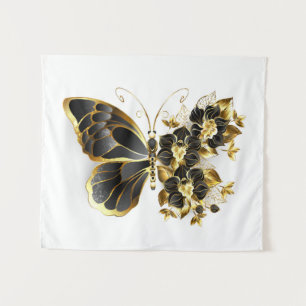 Gold Flower Butterfly with Black Orchid Tapestry