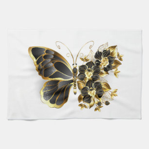 Gold Flower Butterfly with Black Orchid Tea Towel