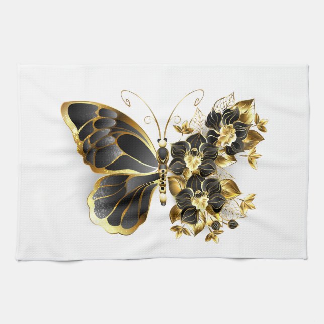 Gold Flower Butterfly with Black Orchid Tea Towel (Horizontal)