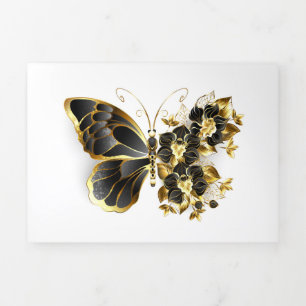 Gold Flower Butterfly with Black Orchid Tri-Fold Announcement