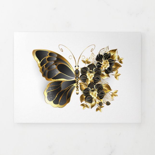 Gold Flower Butterfly with Black Orchid Tri-Fold Announcement (Cover)
