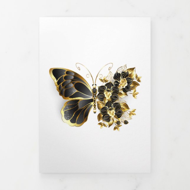 Gold Flower Butterfly with Black Orchid Tri-Fold Card (Cover)