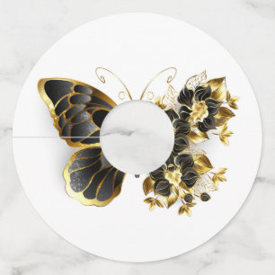 Gold Flower Butterfly with Black Orchid Wine Glass Tag