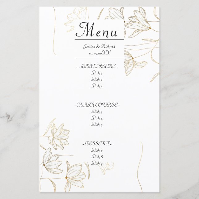 Gold Flower Dinner Menu Card (Front)