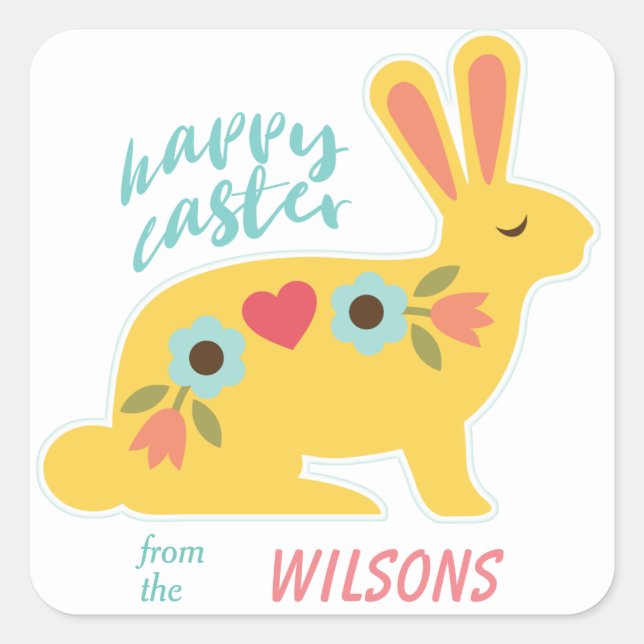 Gold Flower Easter Rabbit Square Sticker (Front)