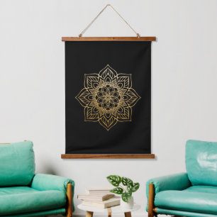 Gold Flower Mandala on Black Hanging Tapestry