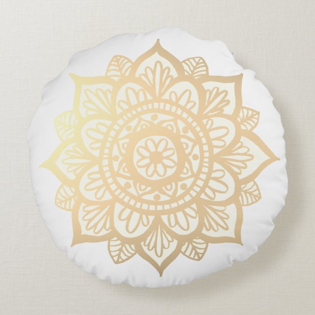 Gold Flower Mandala Round Pillow (Back)