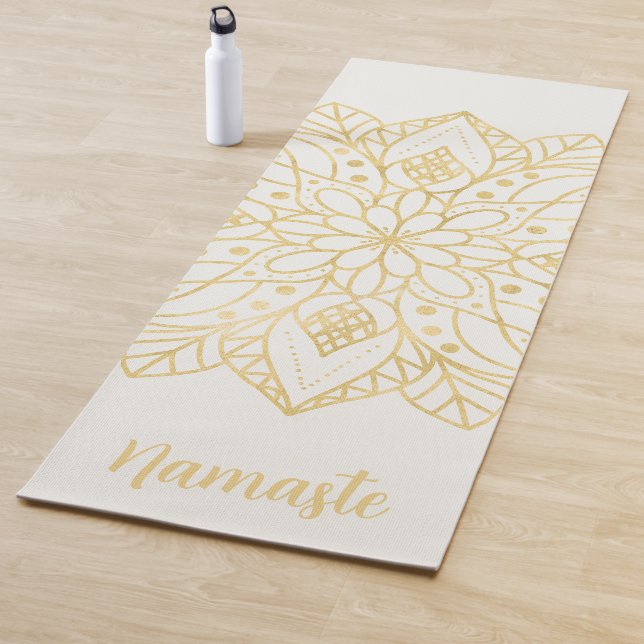 Gold Flower Mandala White Custom Name Yoga Mat (In Situ)