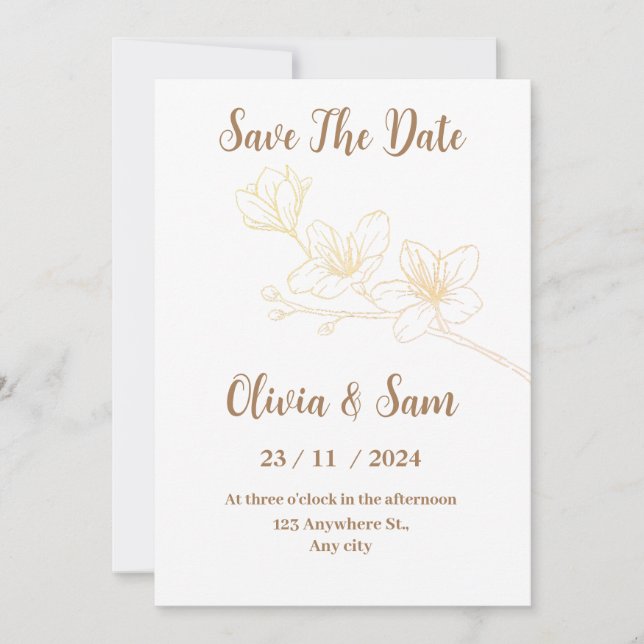 Gold Flower Minimal White Save the Date Invitation (Front)