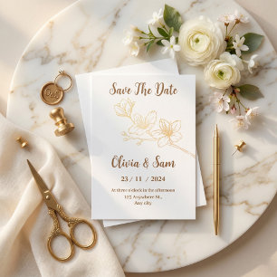 Gold Flower Minimal White Save the Date Invitation