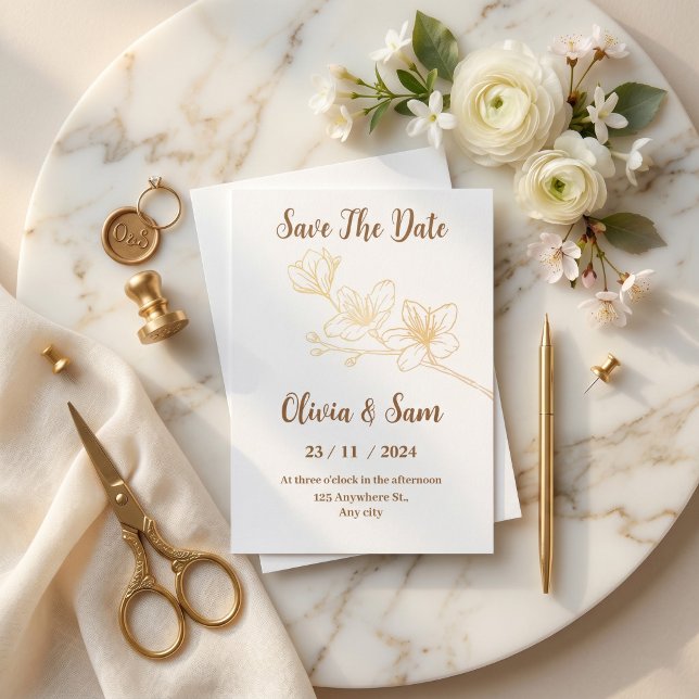 Gold Flower Minimal White Save the Date Invitation (Gold Flower Minimal White Save the Date Invitation)