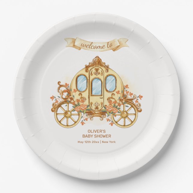 Gold Flower Prince Carriage Baby Shower Welcome Paper Plate (Front)