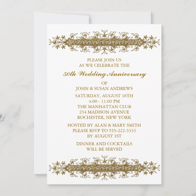 Gold Flower Scroll 50th Anniversary Party Invitation (Front)