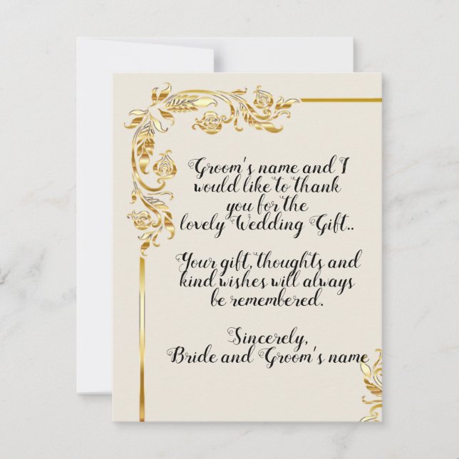 Gold Flower Scroll Wedding Thank You Card (Front)