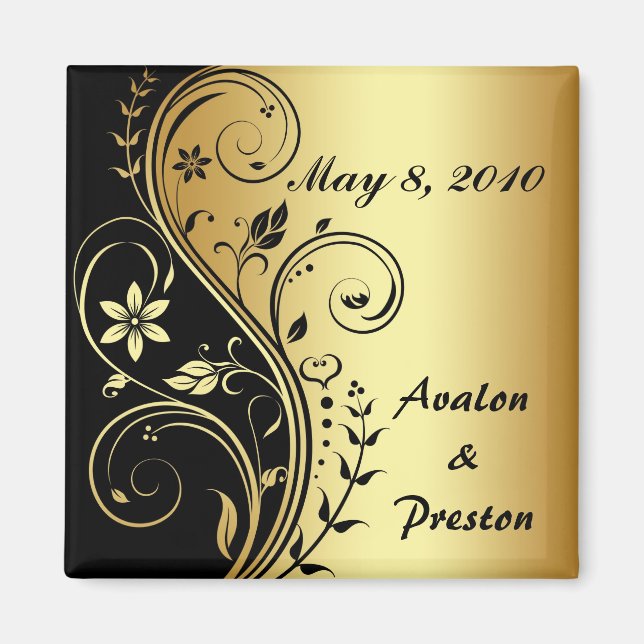 Gold Flower Scrollwork Save The Date Magnet (Front)